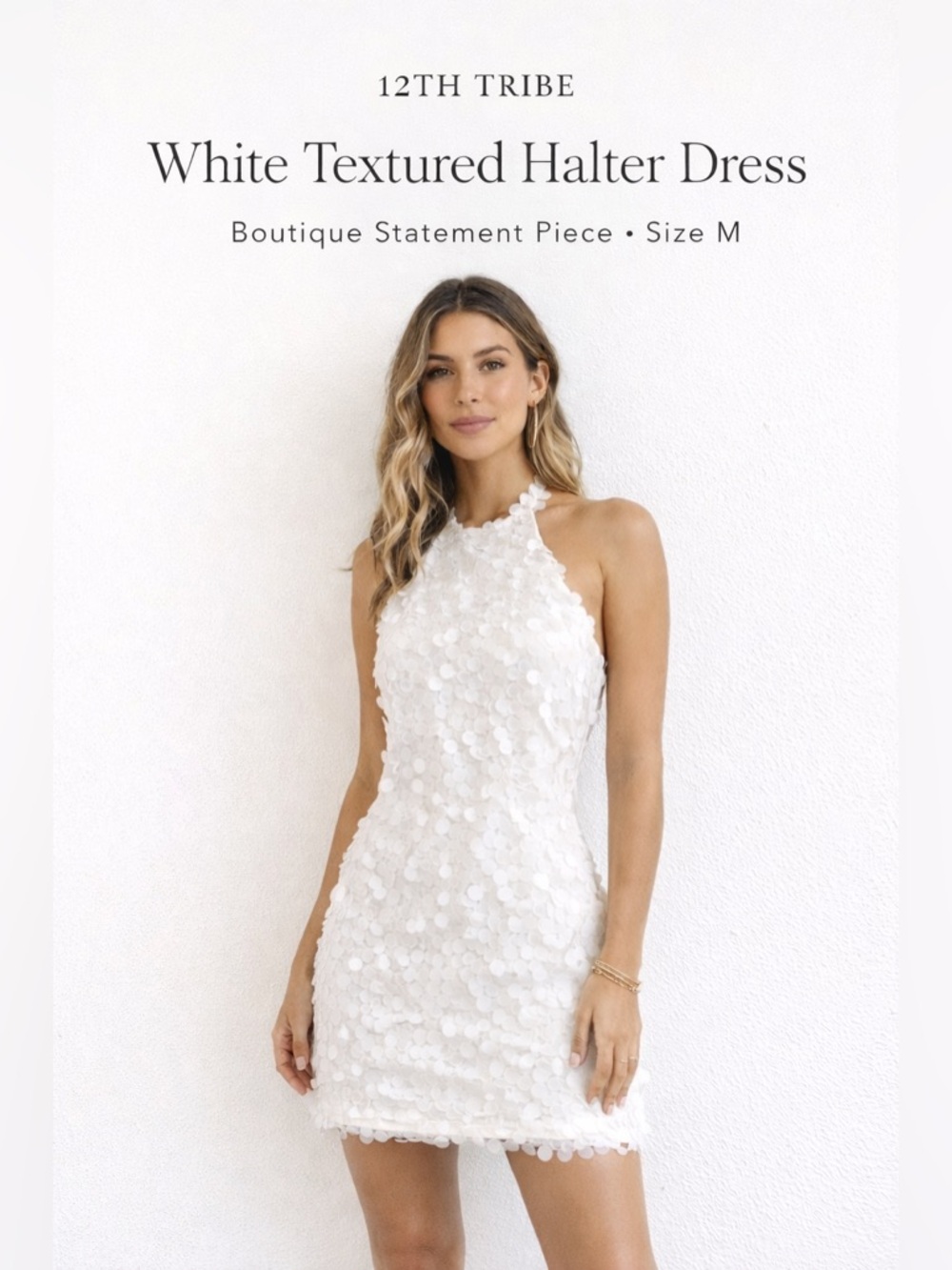 12th Tribe White 3D Textured Halter Mini Dress Size M Boutique Statement